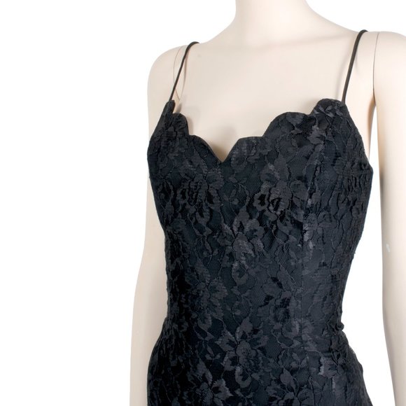 7/8 Vintage 00s LA GLO Black Lace Slinky Leg Slit Cocktail Maxi Dress 90s Y2K - Picture 7 of 8